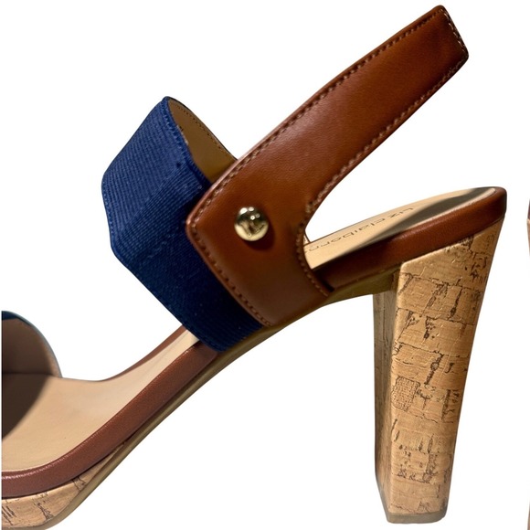 Liz Claiborne Jean Stiletto Sandals Cork Heel Platform Navy Brown Size 10 Medium - Picture 10 of 10